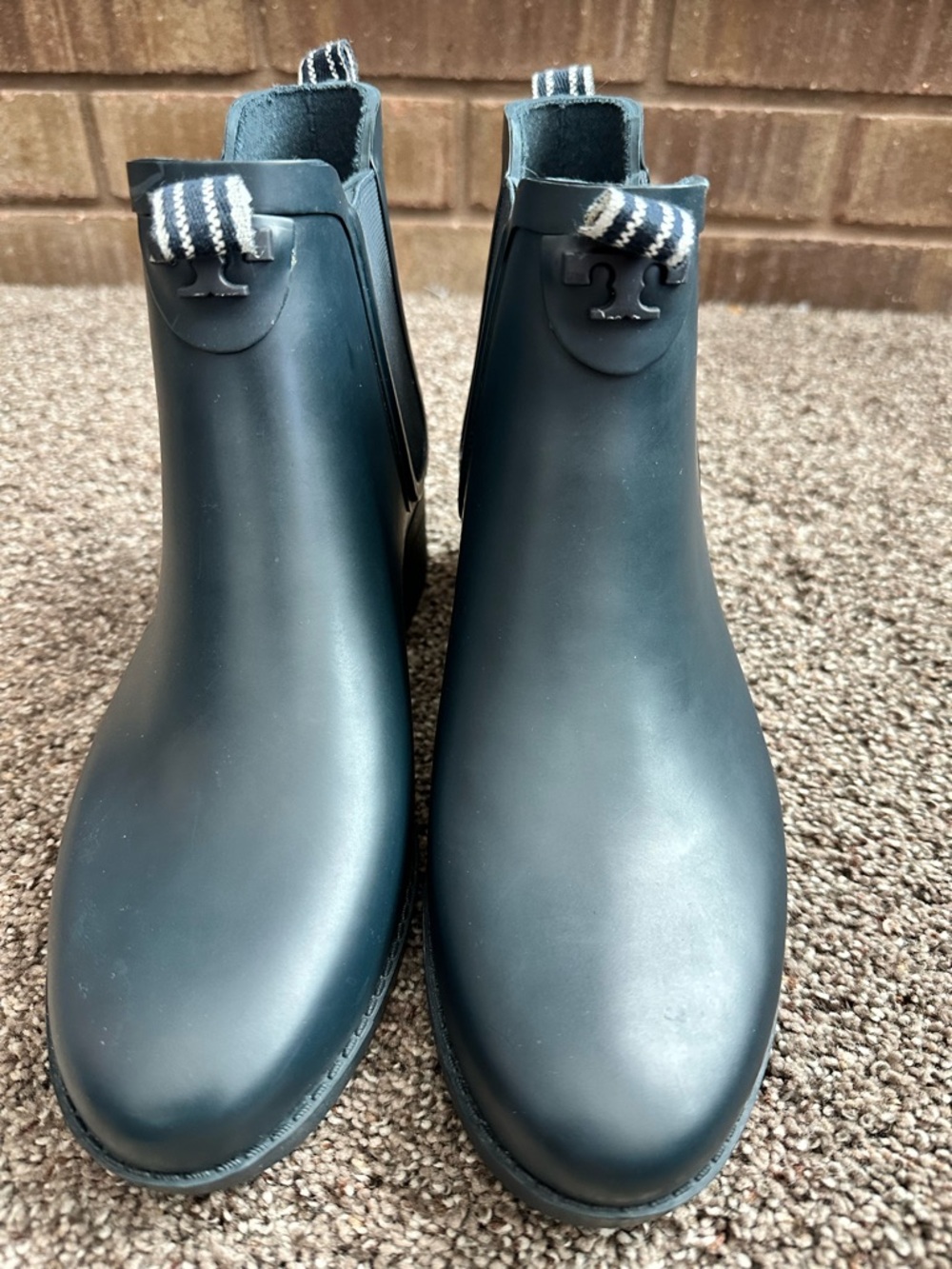 NWT Tory Burch Navy Blue Rubber Chelsea Rain Boots Double T Logo Ankle Boots 8